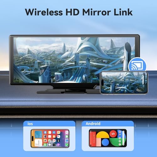 10.26" Portable Wireless Carplay Screen, 4K Mirror Dash Cam Carplay & Android Auto Screen, 1080P Backup Camera, HD IPS Screen, Loop Recording, Bluetooth, GPS Navigation, AUX/FM, Siri