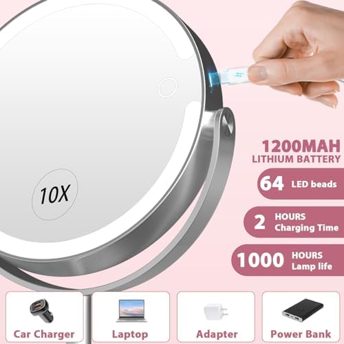 10x Magnifying Mirror with Light - 8in Double Sided Makeup Mirror, 360° Rotation Magnifying Mirror with Light, Portable Travel Makeup Mirror with 3 Color Light,Rechargeable Adjustable Vanity Mirror