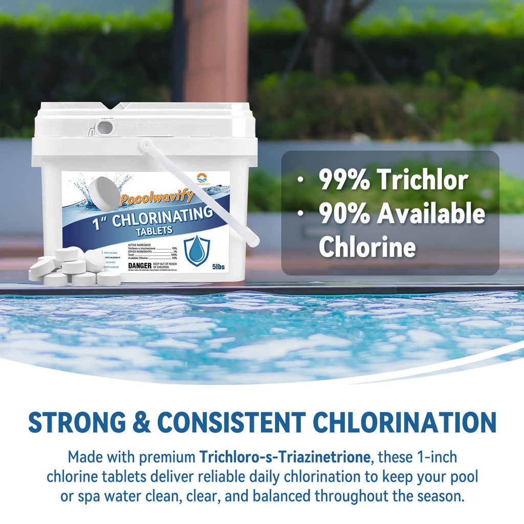 1 Inch Chlorine Tablets for Swimming Pools & Spas | 90% Available Chlorine Trichlor Pool Tablets | Long-Lasting Slow Dissolving Sanitizer for Clean & Clear Water (1inch-5lbs)