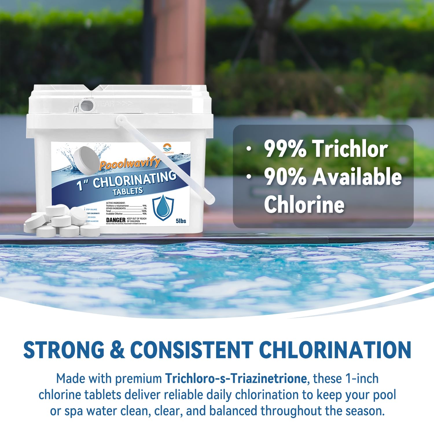 1 Inch Chlorine Tablets for Swimming Pools & Spas | 90% Available Chlorine Trichlor Pool Tablets | Long-Lasting Slow Dissolving Sanitizer for Clean & Clear Water (1inch-5lbs)