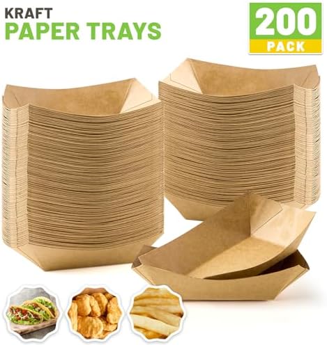 1/4 Lb Mini Paper Food Trays, 200 Pack Disposable Small Food Boats Bulk Brown Kraft Paper Serving Baskets for Individual Party Nachos Snacks Fries and Pet Food