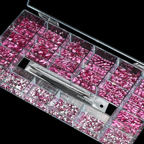 14 Types of 700 Special-Shaped Rose Pink Diamonds + 2100 Flat-Bottomed Rhinestones Mix 20 Styles Flatback Rhinestone Crystals 3D Decorations Flat Back Stones Gems Set +Tweezers + Drill Pen