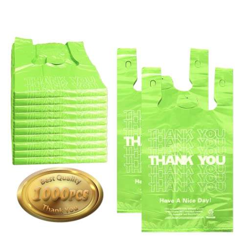 1000PACK Green Thank you bags, T shirt bags, Plastic Bags with Handles, Grocery shopping bag Reusable and Disposable Supermarket Bag 11.5''x6.25''x21'' (Green),Medium