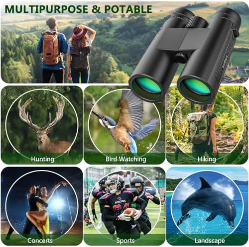 12x42 Binoculars for Adults and Kids High Powered Large Eyepiece Compact Binoculars for Bird Watching Waterproof Easy Focus Binoculars with Low Light Vision for Outdoor Hunting & Travel (Black)