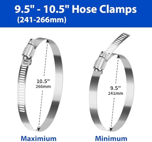 10 Inch Hose Clamps 10 Pack Stainless Steel Large Hose Clamp Adjustable, Worm Gear, Metal Dryer Hose Clamps Duct Clamps