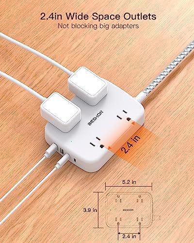 10FT Surge Protector Power Strip, Flat Extension Cord with 2 USB C, Flat Plug Power Strip, 4 Widely Outlets and 4 USB Charging Ports, Outlet Extender, 900 Joules, for Home Office Dorm Room Essentials