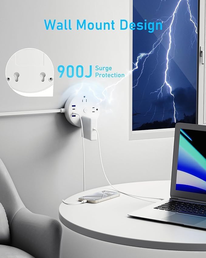 10FT 2 Prong Power Strip, Yozisital 2 Prong to 3 Prong Outlet Adapter, Flat Extension Cord, Surge Protector with Rotating Plug, 6 Outlets 4 USB(2 USB C), Wall Mount, Ideal for Non-Grounded Outlets
