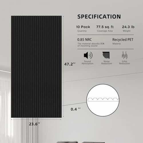 10 Pack Acoustic Panels,47.2x23.6x0.4 inch Acoustical Wall Panels,Large Soundproof Panels,Self-Adhesive Sound proof panels for walls,Acoustic Treatment for Recording Studio&Office Vertical,Black