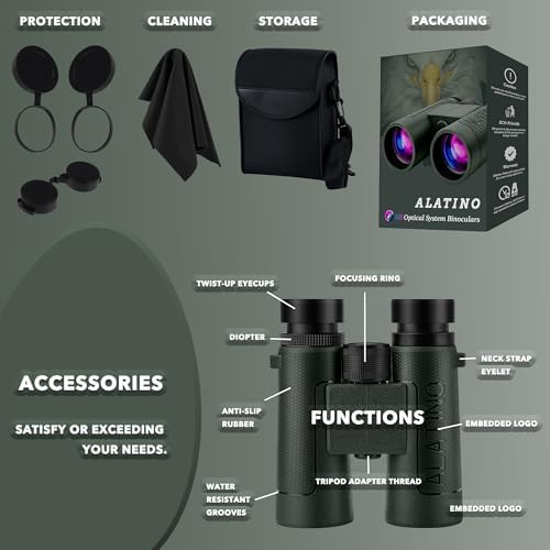 12x42 High Powered Binoculars with Harness, Optical Solution Features Bak-4 Prisms & FMC Lens for Bird Watching, Hunting, Extended Travel and Cruise (Green)
