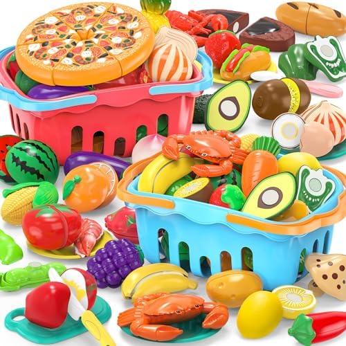 120 Pcs Cutting Play Food Toy for Multiple Kids with 2 Colors Storage Baskets, Kitchen Pretend Food Set for Toddler, Kitchen Toys Accessories, Fake Food/Fruit/Vegetable, Birthday Gifts for Boy Girl