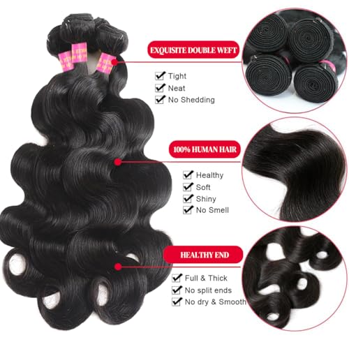 12A Human Hair Bundles 3 Bundles With Closure Body Wave Bundles Human Hair 100% Unprocessed Brazilian Virgin Hair Bundles Human Hair Extensions Quick Weave Bundles Human Hair Natural Black 24 26 28+22
