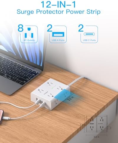 10Ft Extension Cord with Multiple Outlets, Flat Plug Power Strip Surge Protector 10 Ft Long Cord, 8 Outlet 4 USB Ports (2 USB C), Multi Outlet Wall Plug for Home Office, College Dorm Room Essentials
