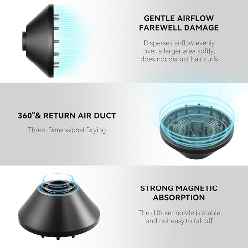 110,000 RPM Brushless Motor Hair Dryer for Fast Drying, 200 Million Negative Ions, Travel-Friendly Low Noise Design (Black, with Concentrator and Diffuser)
