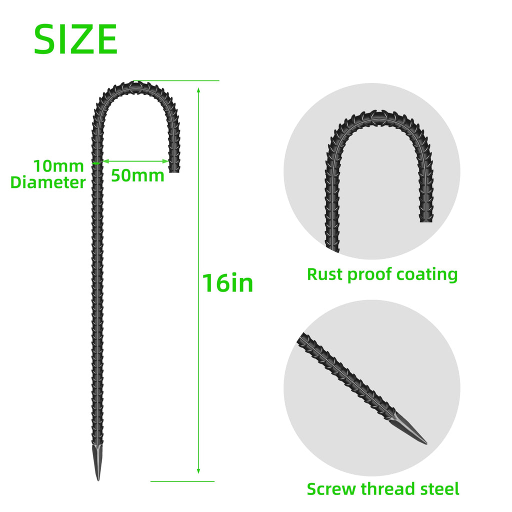 10 Pieces 16-Inch Garden Ground Stakes Galvanized Steel J Shape Hook Rebar Stake - Heavy DutyAnchors for Tents, Position Kits,Fences, and Trampolines