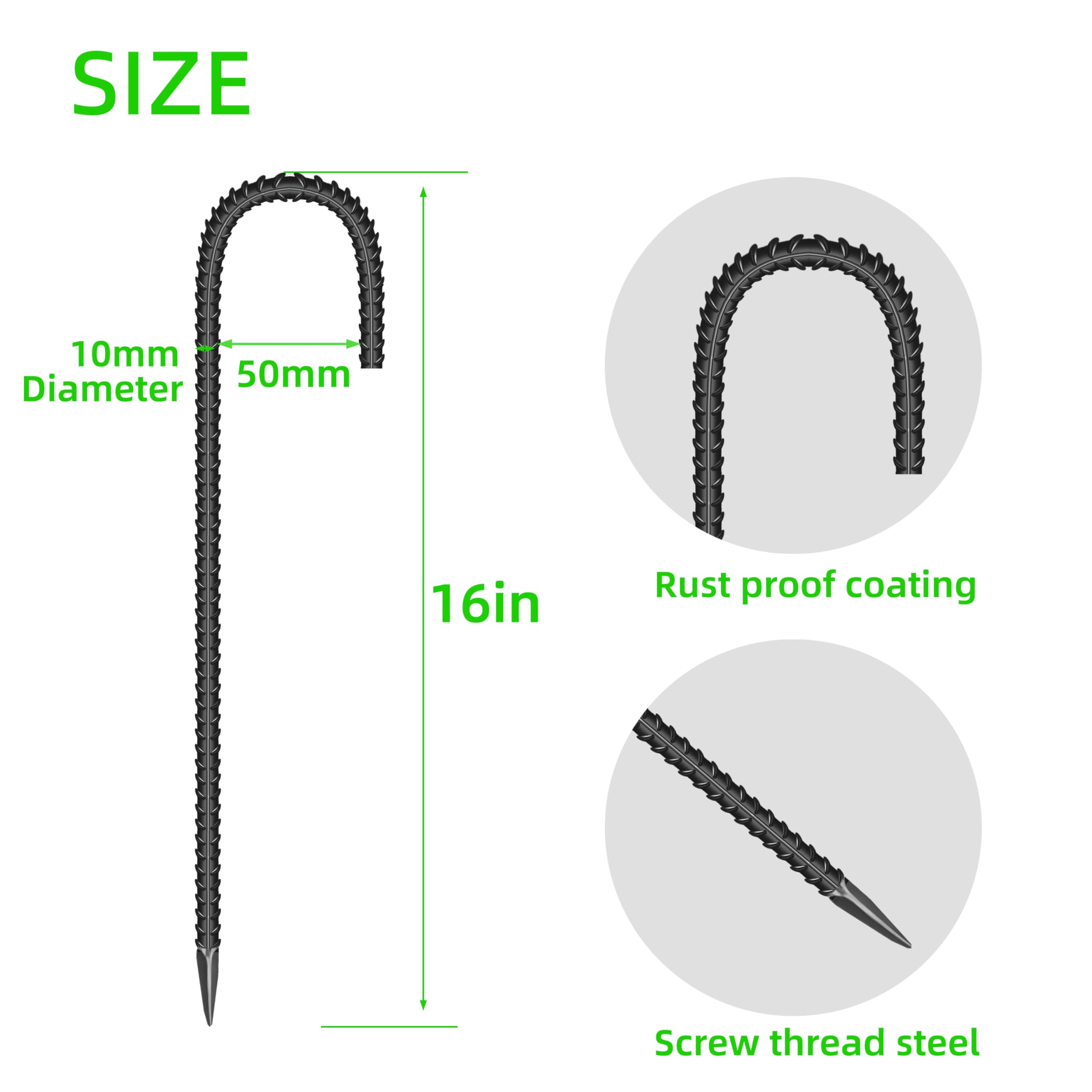 10 Pieces 16-Inch Garden Ground Stakes Galvanized Steel J Shape Hook Rebar Stake - Heavy DutyAnchors for Tents, Position Kits,Fences, and Trampolines