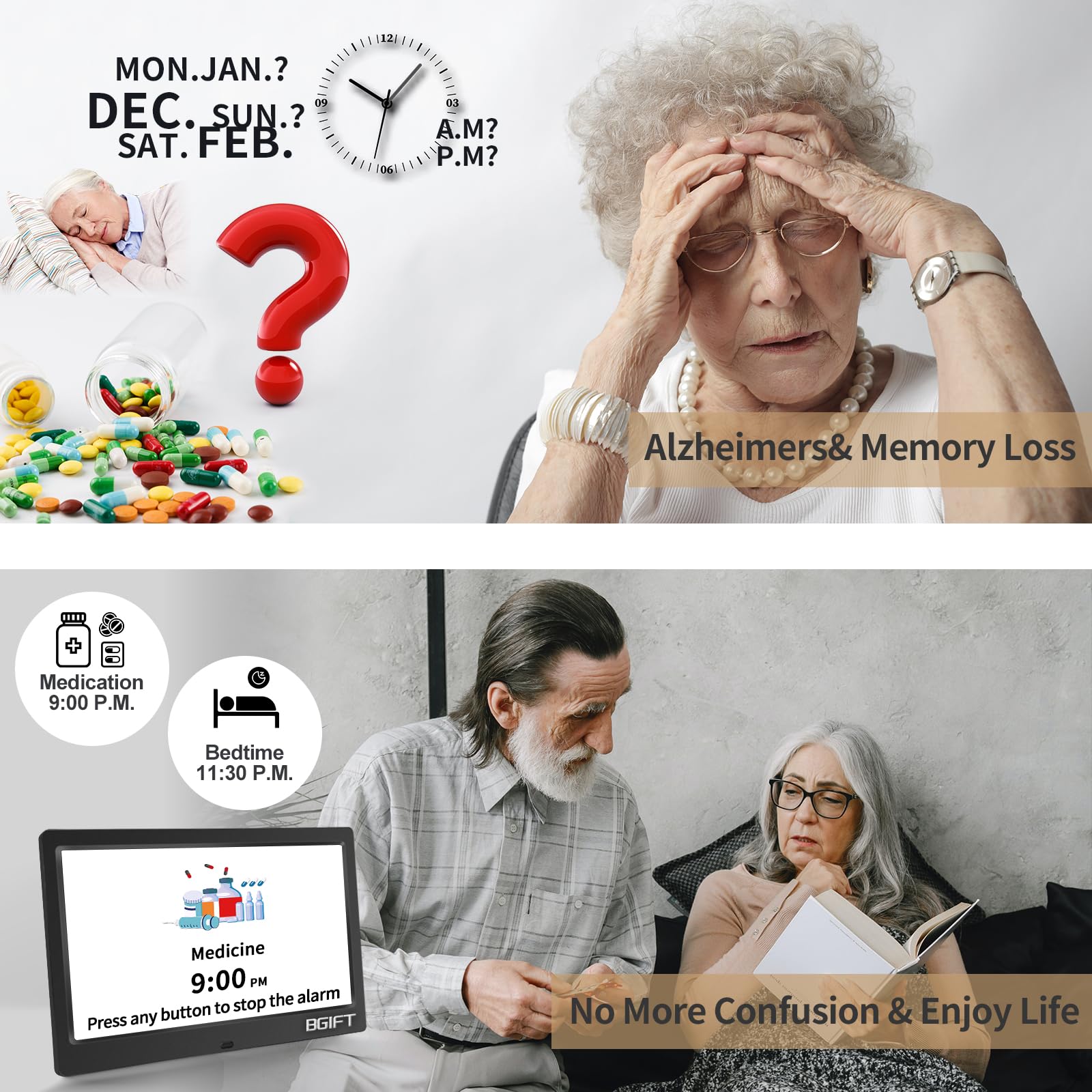 10.1" Digtal Clock with Day and Date for Seniors, Large LCD Display, Auto Dimmable, 12 Alarm Settings - Best Gift for Elderly