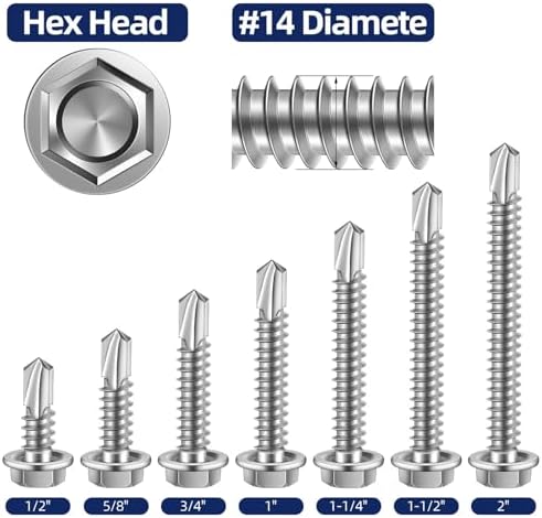#14 x 1" (3/4" to 3" Available) Hex Washer Head Self Drilling Sheet Metal Screws with Drill Point, Stainless Steel 410, Pack of 50