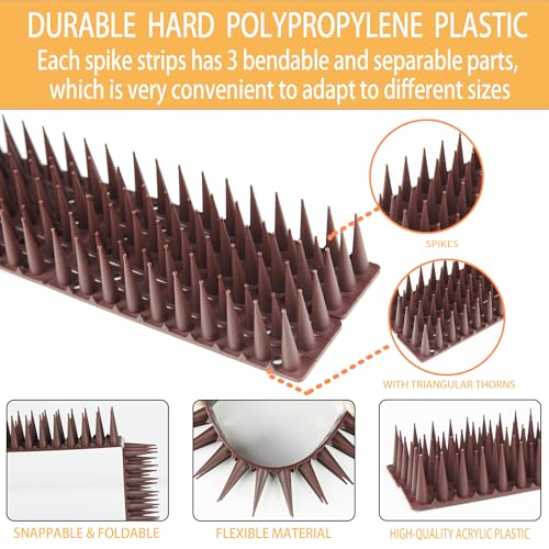 12 Pack of Bird Spikes - Covers 204" Plastic Bird Deterrent Spikes - Bird Deterrent Spikes Keep Pigeons, Squirrels, Raccoons, Cats, Crows Away - Anti-Bird Spike Guards for railings and Roofs (Brown)