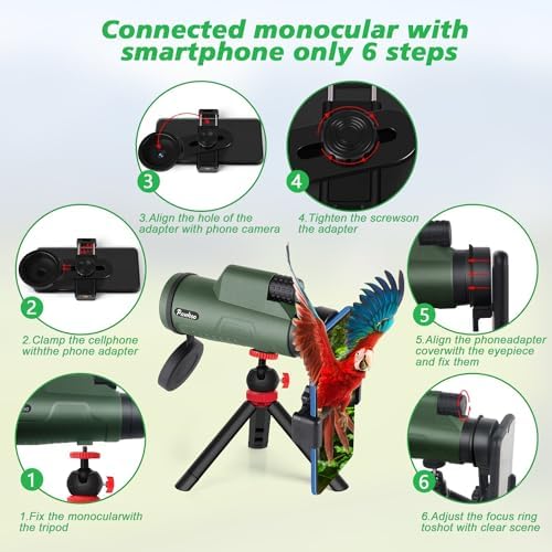 12x50 HD Monocular Telescope for Adults with Smartphone Adapter Tripod Hand Strap - High Power Monoculars Equipped with Large BAK4 Prism & FMC Lens - Suitable for Bird Watching Sports Hiking Traveling