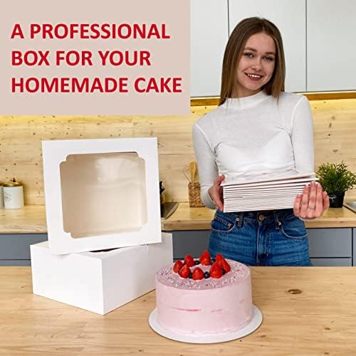 10x10x8 Bulk 15 Pcs Tall Multi-Layer Cake Boxes 10 Inch with Window Clear Bakery Box Square White Large Disposable Pie Boxes Package for Bake Decorating Supplies Pastry Box (80 Pcs Stickers)