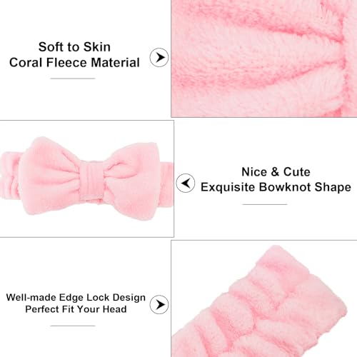 10 Pcs Pink Makeup Headbands, Hair Band for Washing Face, Soft Coral Fleece Makeup Headband for Girls, Bow Hair Bands, Beauty Headbands for Face Washing Shower Skin Care Yoga