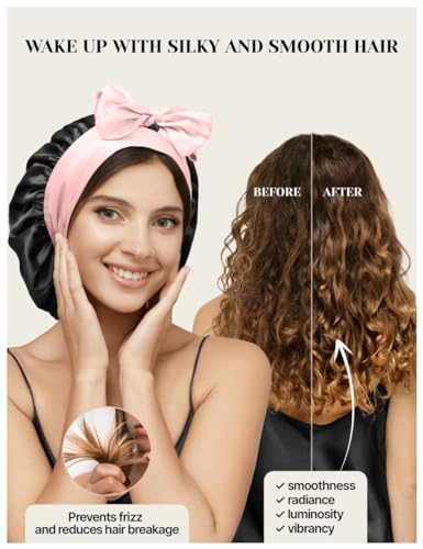 100% Mulberry Silk Bonnet for Sleeping Women with Curly Hair - Valentines Day Gift Silk Sleep Bonnet - Alternative to Double Layer Satin Bonnet with Tie Band - Premium Hair Wrap for Sleep Black