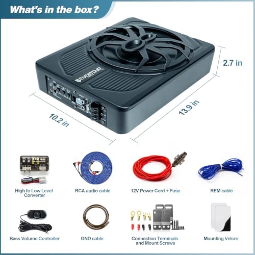 10" Upgrade 800W Slim Under Seat Powered Car Subwoofer, Car/Truck Audio Sub Built in Amplifier amp Combo Package, with Blue LED Light (Subwoofer+Installation Wire Kit)
