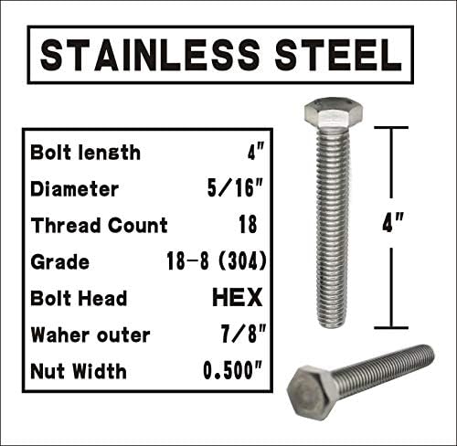 (5 Sets) 5/16-18x4" Stainless Steel Hex Head Screws Bolts, Hex Machine Nuts, Fender Flat Washer& Split Lock Washers, 18-8 (304) S/S, Fully Threaded by Bolt Fullerkreg