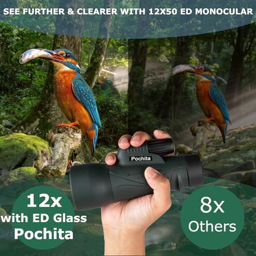 12x50 Monocular Telescope for Adults, High Powered HD Compact Monoculars Portable Handheld Telescope with BAK4 Prism FMC Lens, Waterproof Monoculars for Bird Watching Hiking Hunting Traveling Camping