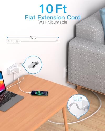 10Ft Extension Cord with Multiple Outlets, Flat Plug Power Strip Surge Protector with 10 Ft Long Cord, 6 Outlet 3 USB Ports (1 USB C), Multi Outlet Wall Plug for Travel, College, Dorm Room Essentials