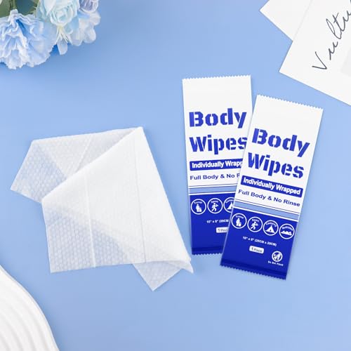 100Pcs Disposable Body Wipes, 7.8 x 9.8 inch Individually Wrapped Bath Wipes for Women Men in Bulk, No Rinse-Free Large Body Bath Shower Wipes for Home Travel Hotel Outdoors Camping After Gym (Blue)
