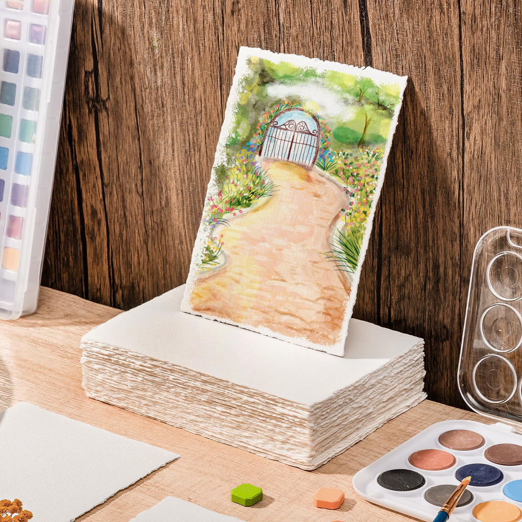 100 Sheets Watercolor Paper 5 x 7inch, 300 GSM Deckled Edge Paper Rough/Textured Handmade Paper for Watercolors, Wedding Invitations, Cards, Crafts