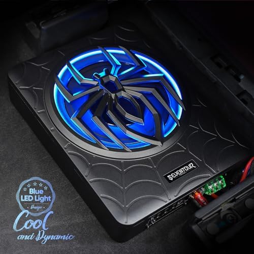 10" 1000W Slim Under Seat Powered Car Subwoofer, Car/Truck Audio Sub Built in Amplifier amp Combo, with Blue LED Light (Subwoofer + Mounting Wire Kit)
