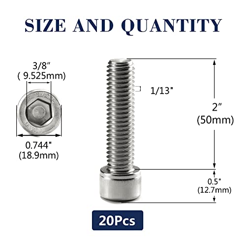 1/2-13 x 2 Socket Head Cap Screws Bolts, 20Pcs 304 Stainless Steel 18-8, Allen Socket Hex Drive, Full Thread, Bright Finish by SG TZH(with Hex Spanner)