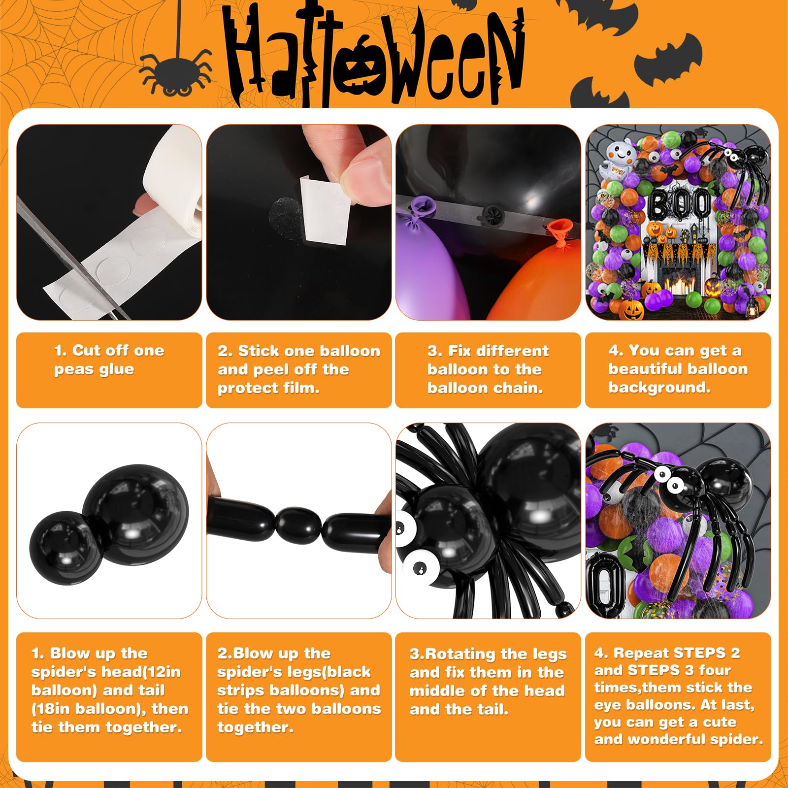 114 Pcs Halloween Balloons Garland Arch Kit, Orange Black Purple Latex Party Balloons Set with Pumpkin Spider Bat Tree Man BOO Foil Balloons and Confetti Balloons for Halloween Party Decorations