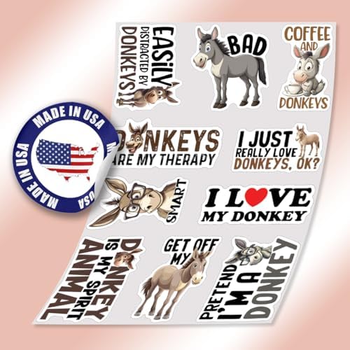 (10pcs) Donkey Stickers Donkey Lover Decals Funny Cute Mule Animal Lover Gifts Multiple Different Design Vinyl Stickers Waterproof UV- Resistant Suitable for Window Wall Water Bottle Laptop Car