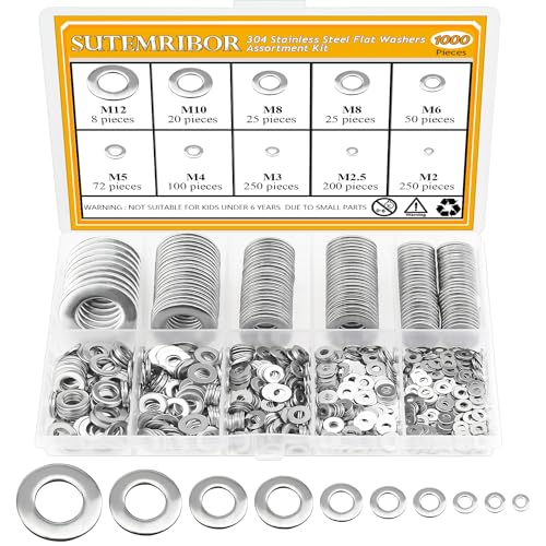 1000 Pieces 9 Sizes 304 Stainless Steel Flat Washers for Screws Bolts, Stainless Steel Washers, Metal Washers, Assorted Washers (M2 M2.5 M3 M4 M5 M6 M8 M10 M12)