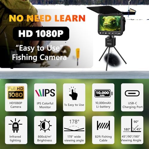 (2024 Upgrade) Underwater Fishing Camera 7'' HD 1080P (No Need Learn) Ice Fishing Camera w/10,000mAh Li-Battery, IR & LED for Dark, USB-C, Portable Ice Fishing Fish Finder Camera, 25m/82ft