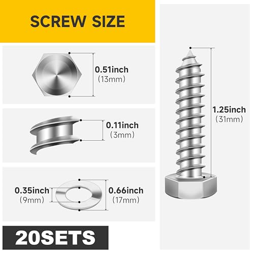 (20Sets) 5/16" x 1-1/4" Hex Head Lag Bolts, Heavy Duty Lag Screws with Washers, 304 Stainless Steel Bolts 18-8, Lag Screws Wood Screws, Partial Thread Bright Finish, 5/16 Bolt by Mywish