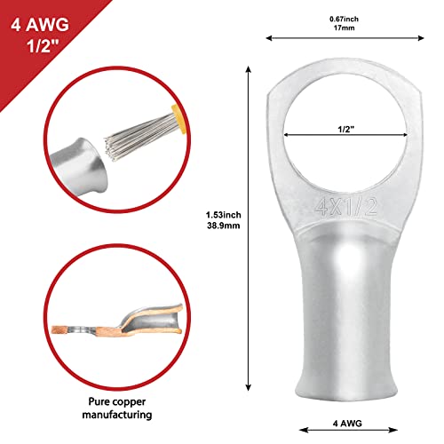 10pcs Sanuke 4 AWG - 1/2" Tinned Copper Wire Lugs Ring Terminals, Marine Grade Battery Cable Ends with 3:1 Dual Wall Adhesive Heat Shrink Tubing