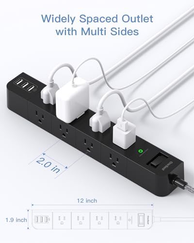 10 ft Extension Cord, Power Strip Surge Protector -8 Widely AC Outlets 3 USB, Flat Plug, Desktop Charging Station with Overload Protection, Wall Mount for Home, Office, Computer ETL Listed,Black