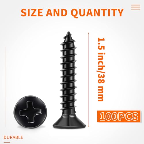 100 PCS #10 X 1-1/2 inch Black Oxide Coated Flat Head Phillips Wood Screws, Stainless Steel 18-8 (A2) Fully Threaded 10 X 1-1/2'' Multipurpose Screw by TPOHH