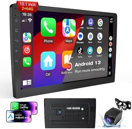 10.1 Inch Android 13 Car Stereo Receiver - Universal Fit for Most Cars, 64GB Storage, HD 720P Touchscreen, Bluetooth 4.1, Built-in GPS/Backup Camera, Supports MirrorLink & WiFi Hotspot