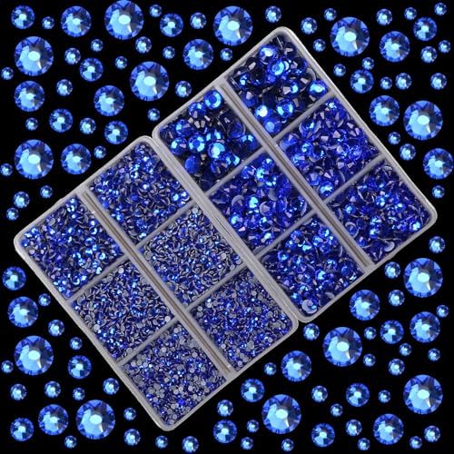 10000Pcs 2-Boxes Mixed Size Hot Fix Round Crystals Gems Glass Stones Hotfix Flat Back Rhinestones with Tweezers and Picking Pencil (Sapphire)