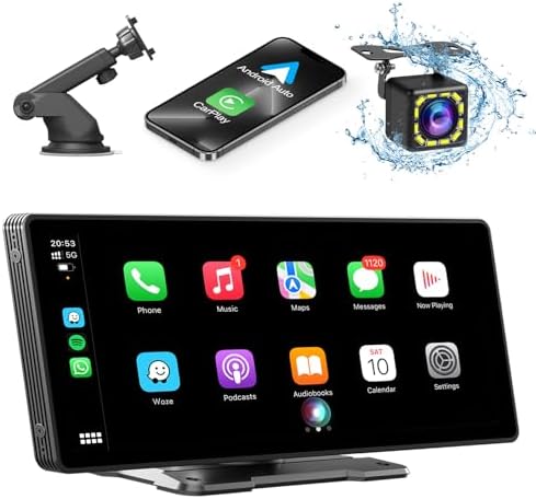 10.26" Wireless CarPlay Screen for Car,Wireless Apple CarPlay & Android Auto,Portable Car Stereo with GPS Navigation,Backup Camera,Bluetooth,Mirror Link,Drive Play,Touch Screen for All Vehicles