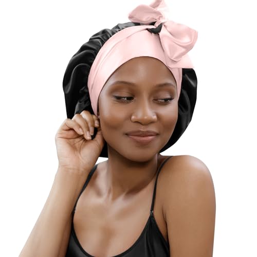 100% Mulberry Silk Bonnet for Sleeping Women with Curly Hair - Valentines Day Gift Silk Sleep Bonnet - Alternative to Double Layer Satin Bonnet with Tie Band - Premium Hair Wrap for Sleep Black