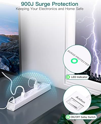 15FT Power Strip Surge Protector, Extension Cord with Multiple Outlets, 6 AC Outlet 4 USB (2 USB C), Flat Plug, Wall Mount, Multi Plug Outlet Extender for Home Office Dorm Room Essentials
