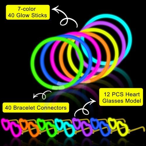 12 Pack Glow Glasses Toys Gifts with 40 Glow Sticks & Connectors (for 12 Glow Heart Glasses & 16 Bracelets), Easter Neon Light Up Party Favor Supplies for Birthday Wedding Camping Dance (kids&Adults)