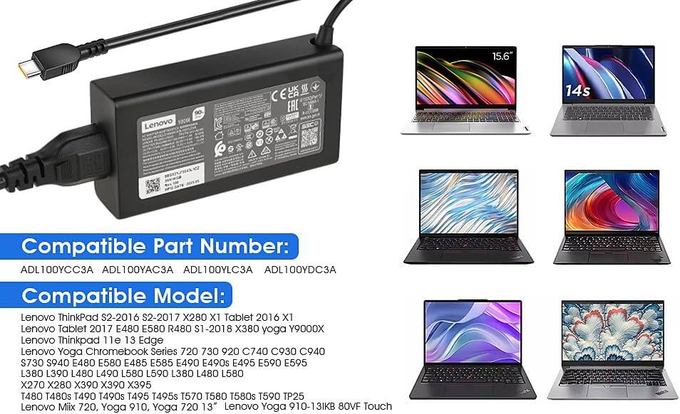100W USB Type C Laptop Charger Fit for Lenovo ThinkBook Plus G3 13x 14G5 14G6 14s 14p 16G4+16p Lenovo ThinkPad neo 14 P14s L15 T16 Yoga 7 Pro7 9 9i Slim 6i 7i IdeaPad 5 Pro Slim 5-20V 5A AC Adapter