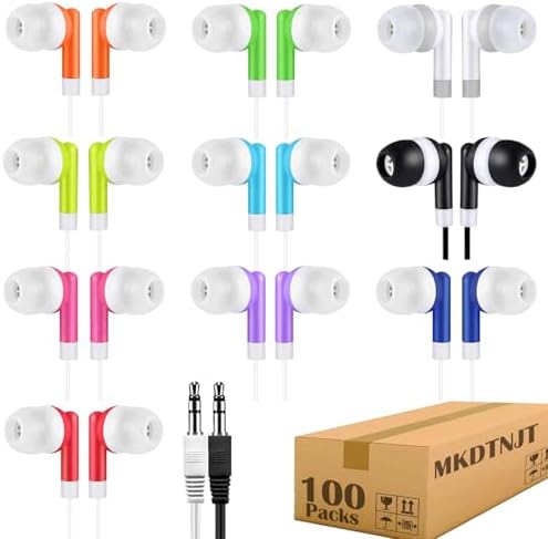 100 Pack Bulk Earbuds for Kids School Classroom,Student Wired Headphones with 3.5 mm Jack Multi Colored Earphones for Computer Chromebook Laptop PC (HTC101)